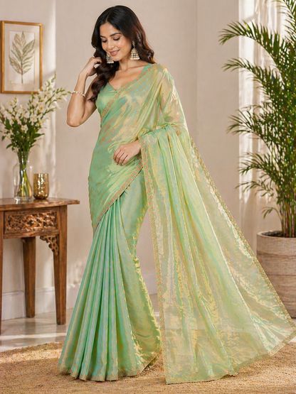 Mint Green Shimmer Silk Blend Saree with Elegant Golden Border