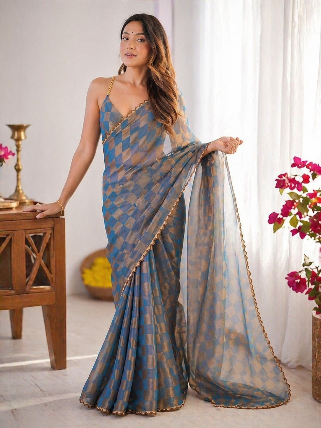 Azure Blue & Gold Checkered Organza Saree with Scalloped Border