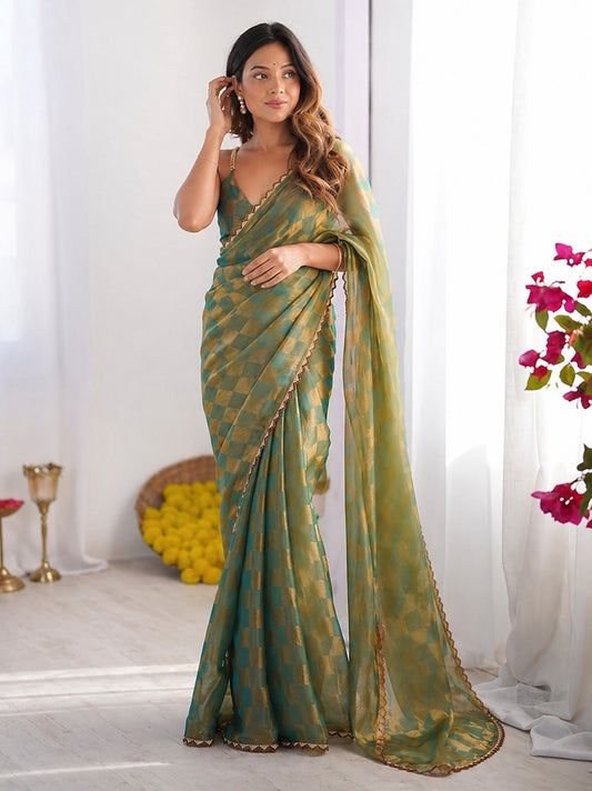 Sea Green Gold Woven Designer Saree with Elegant Lace Border