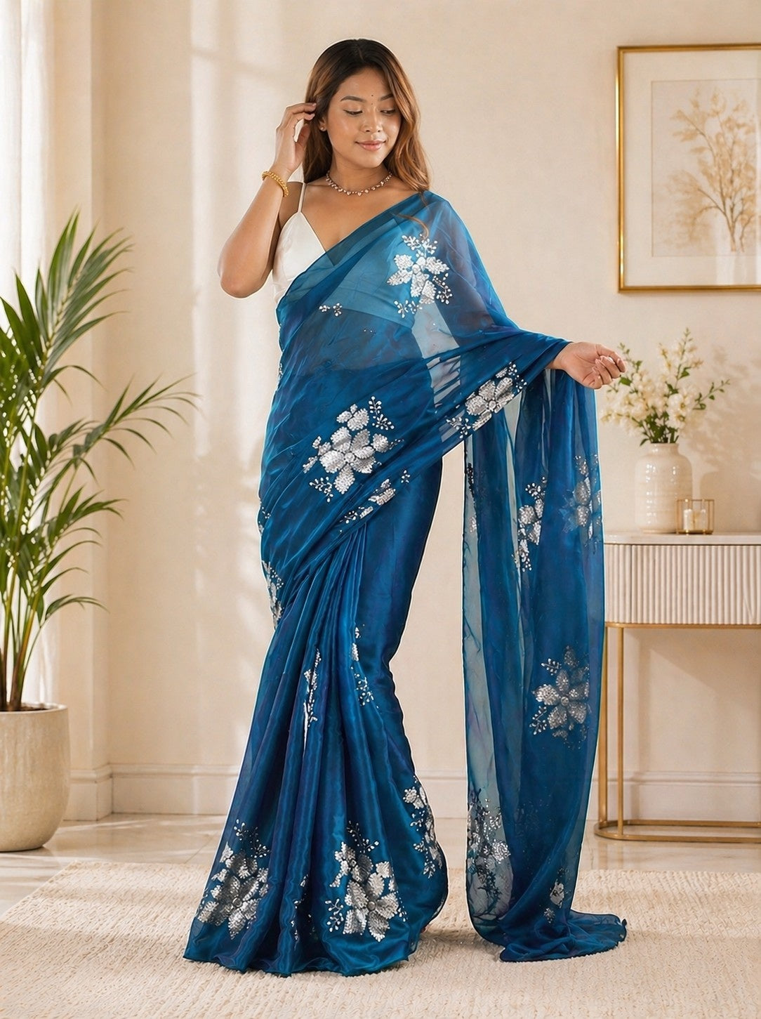 Midnight Blue Floral Organza Saree with Silver Bloom Print