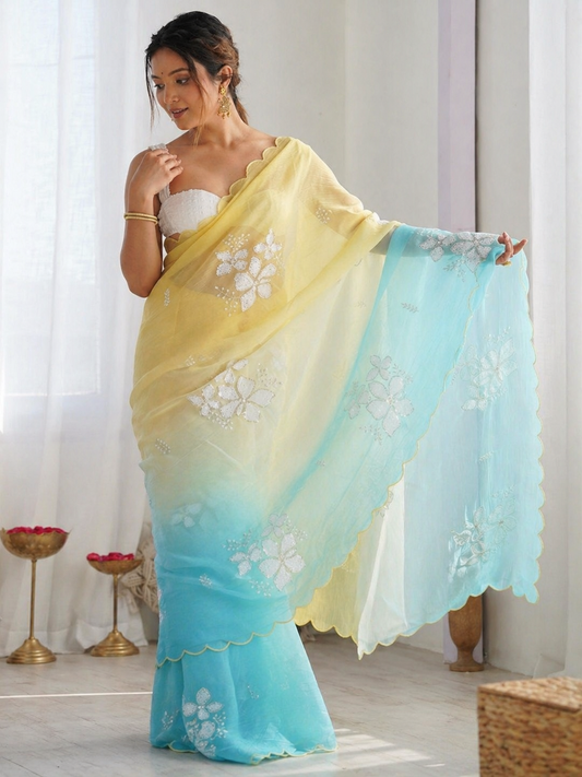 Pastel Yellow & Sky Blue Ombre Organza Saree with White Floral Embroidery | Lightweight Party Wear Saree