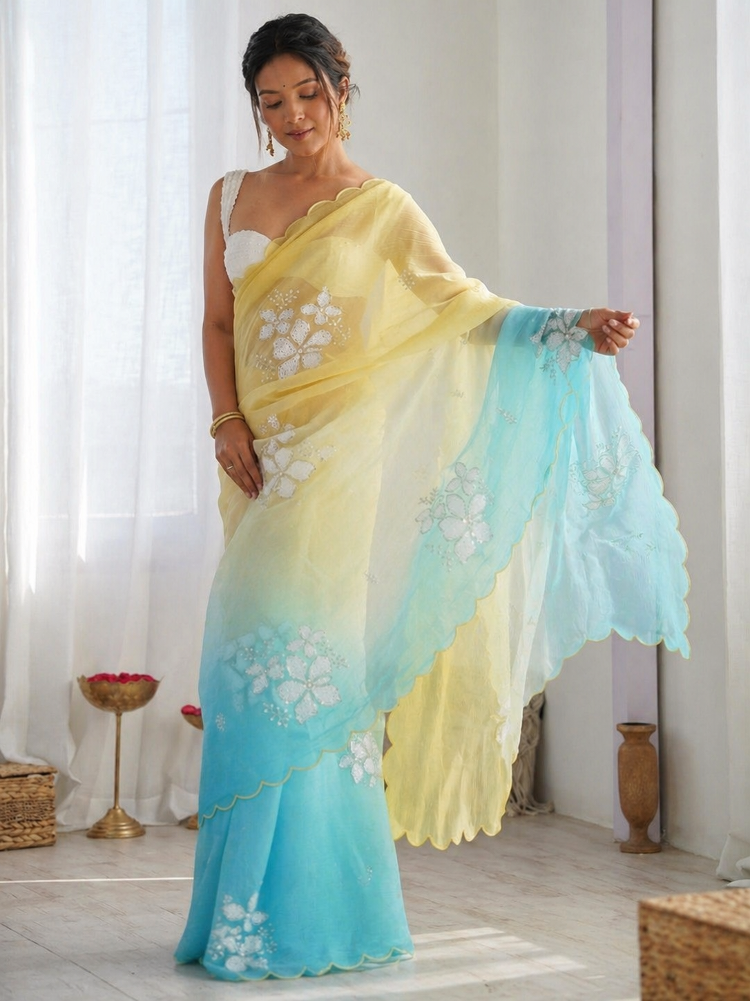Pastel Yellow & Sky Blue Ombre Organza Saree with White Floral Embroidery | Lightweight Party Wear Saree
