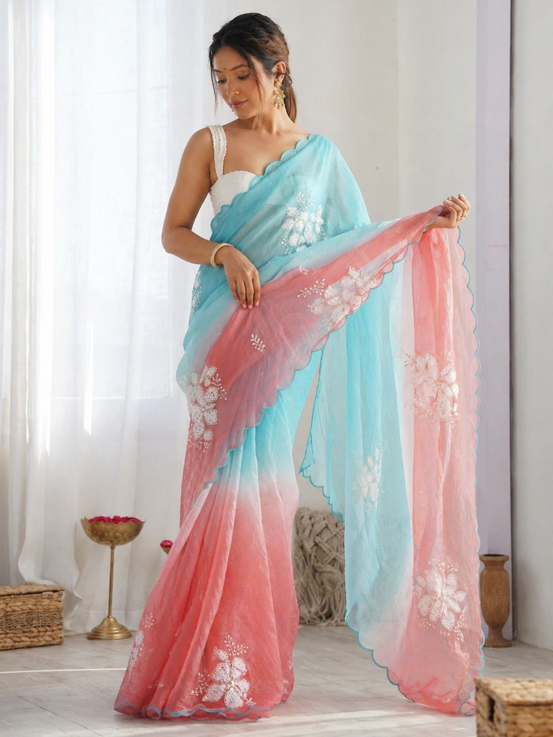 Sky Blue & Peach Ombre Floral Embroidered Organza Saree with Scalloped Border