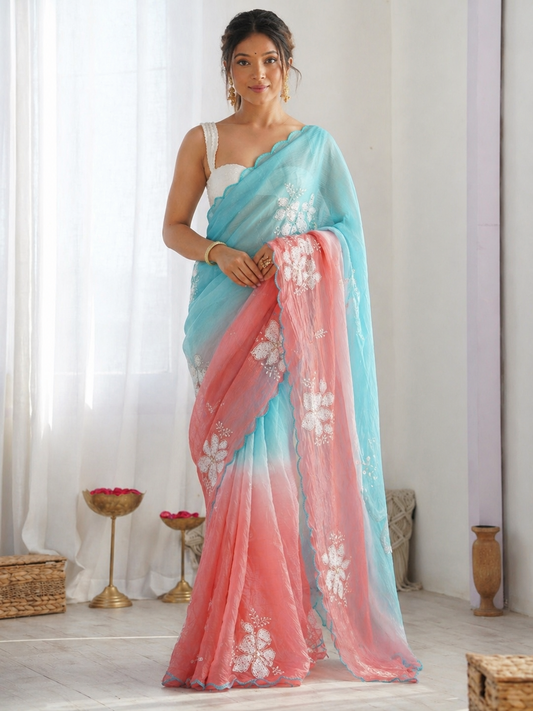 Sky Blue & Peach Ombre Floral Embroidered Organza Saree with Scalloped Border