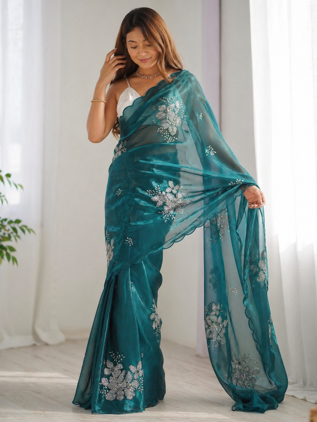 Elegant Teal Floral Embroidered Organza Saree with Scalloped Border | Party Wear Designer Saree for Women