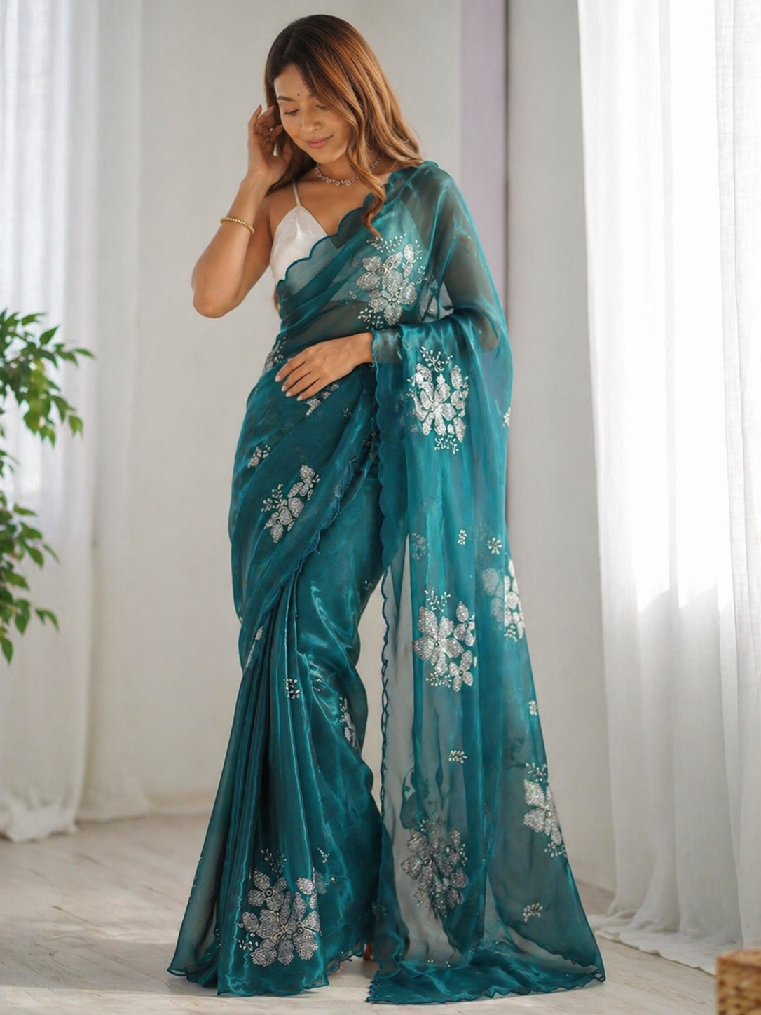 Elegant Teal Floral Embroidered Organza Saree with Scalloped Border | Party Wear Designer Saree for Women