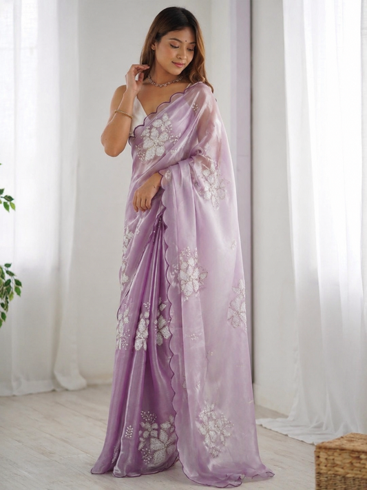 Lavender Organza Saree with Silver Floral Embroidery & Scalloped Border | Party Wear Designer Saree