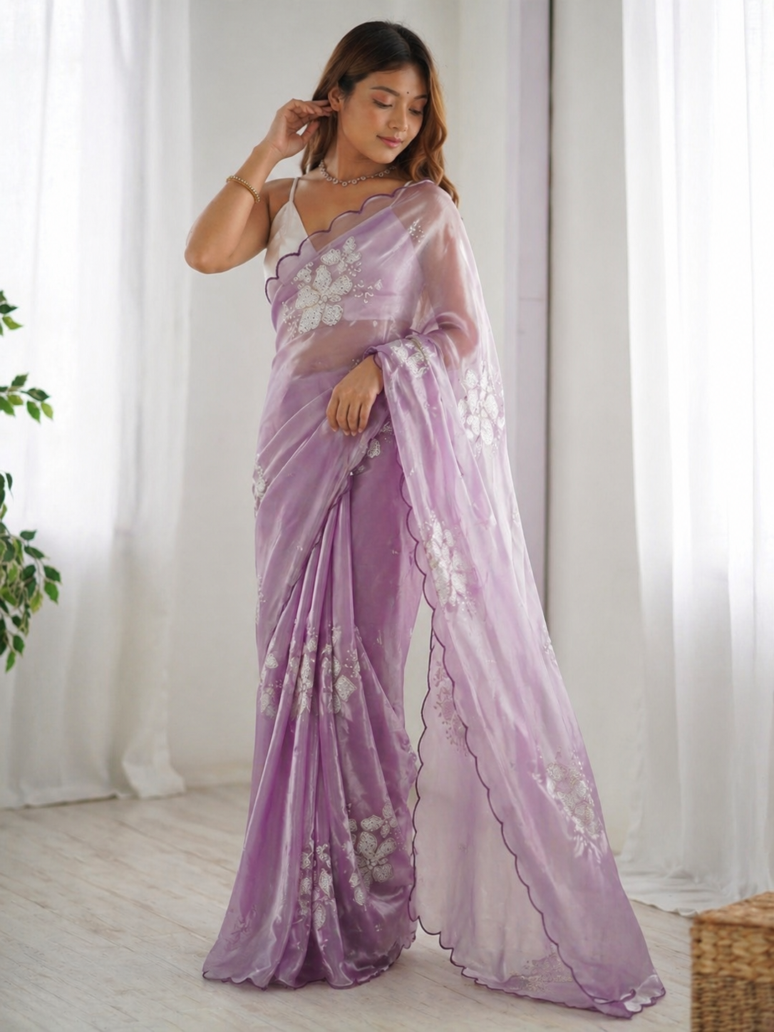 Lavender Organza Saree with Silver Floral Embroidery & Scalloped Border | Party Wear Designer Saree