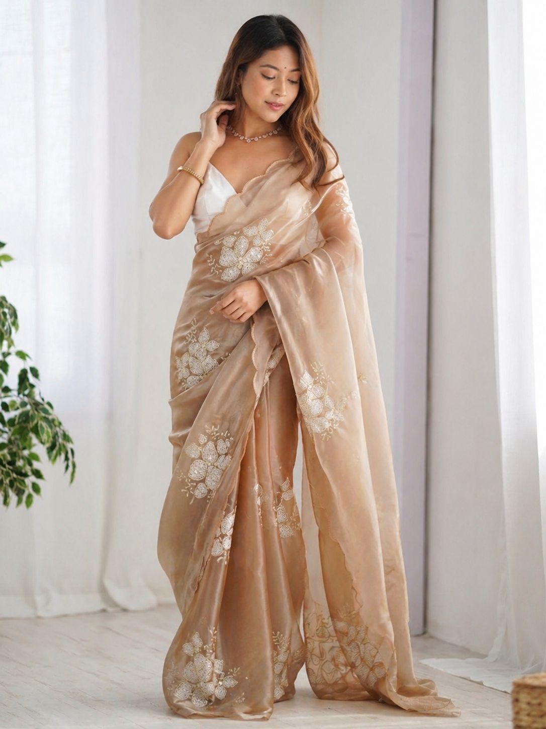 Champagne Beige Organza Saree with Floral Sequin Embroidery & Matching Blouse Piece
