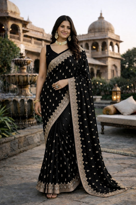 Black Designer Embroidered Saree with Elegant Gold Border