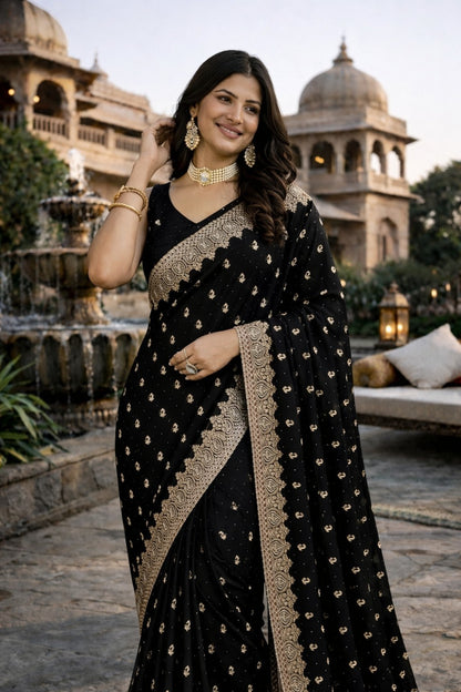 Black Designer Embroidered Saree with Elegant Gold Border
