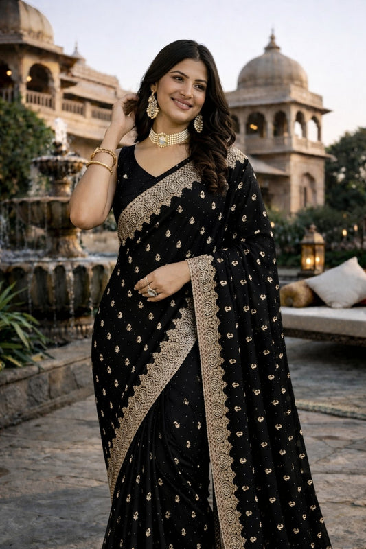 Black Designer Embroidered Saree with Elegant Gold Border