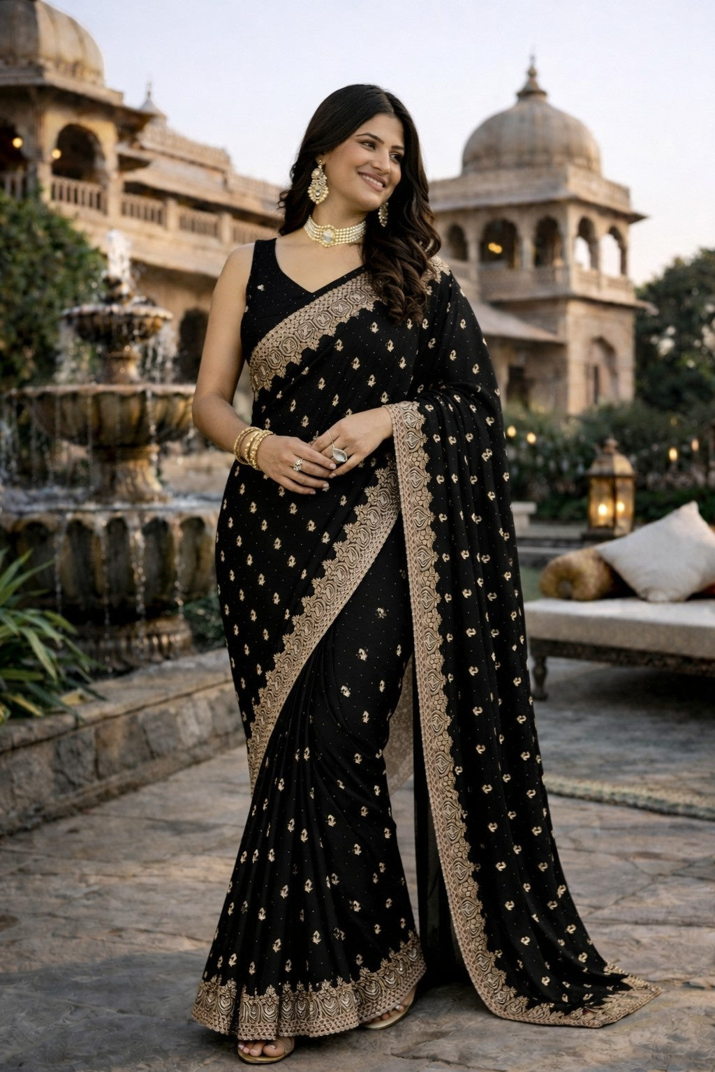 Black Designer Embroidered Saree with Elegant Gold Border