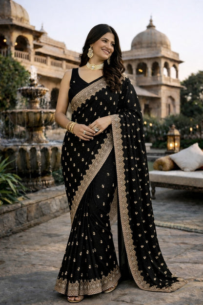Black Designer Embroidered Saree with Elegant Gold Border