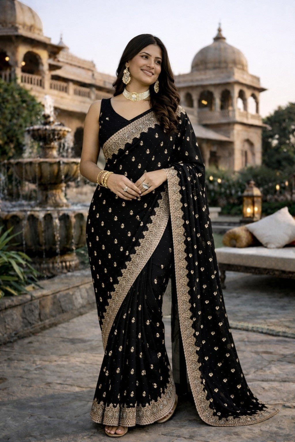 Black Designer Embroidered Saree with Elegant Gold Border