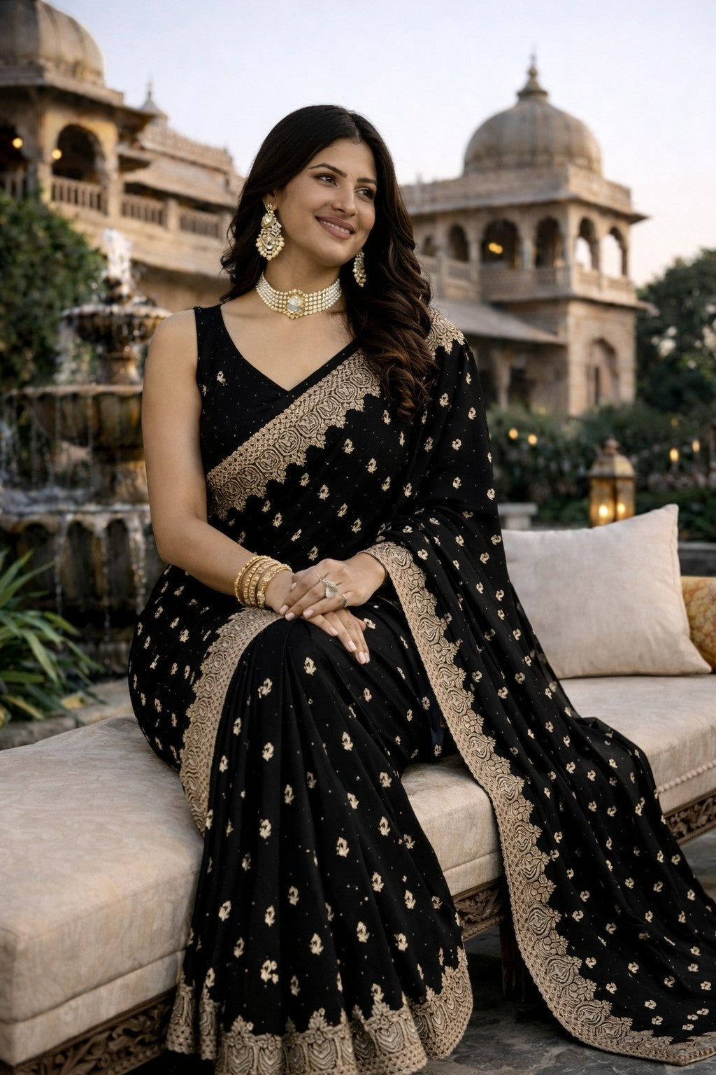 Black Designer Embroidered Saree with Elegant Gold Border