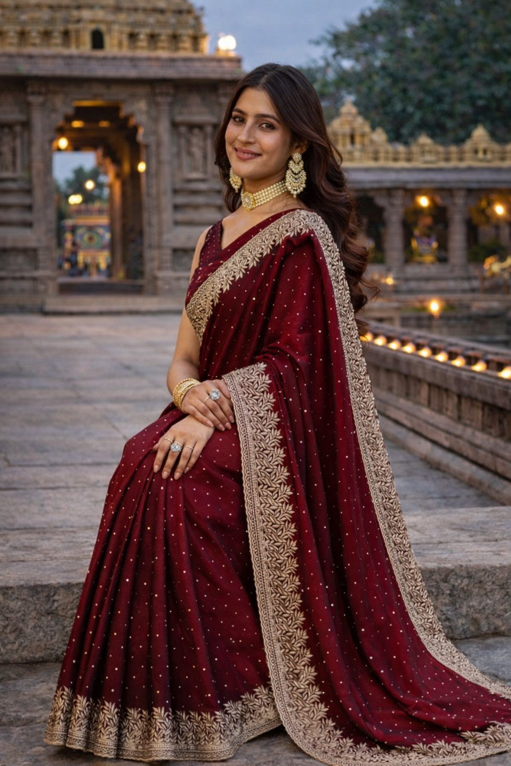 Maroon Embroidered Designer Saree with Intricate Zari Border