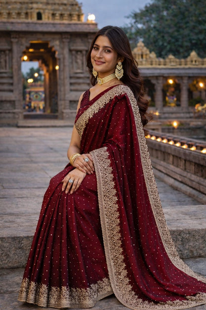 Maroon Embroidered Designer Saree with Intricate Zari Border