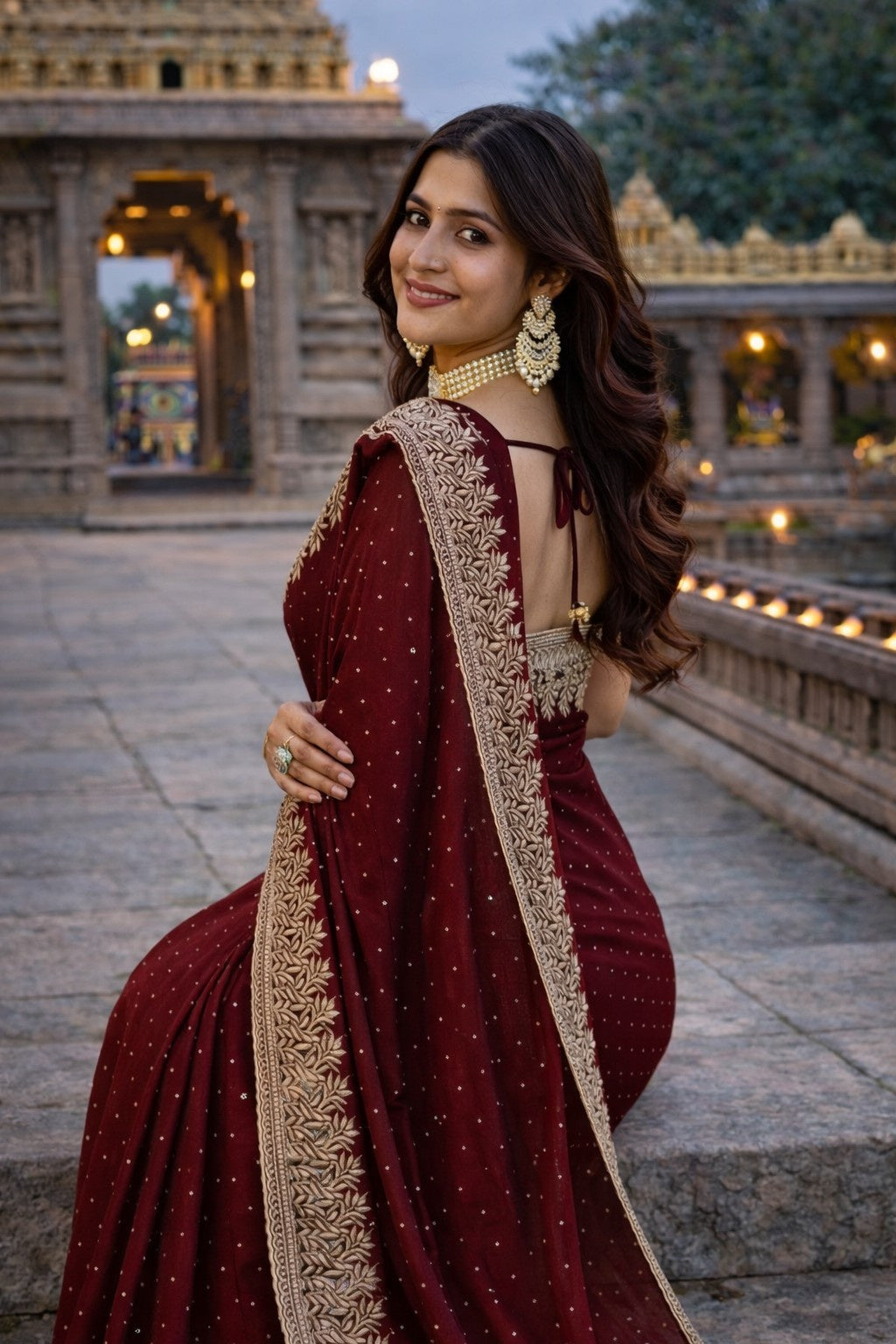 Maroon Embroidered Designer Saree with Intricate Zari Border