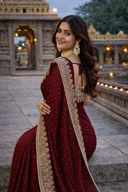 Maroon Embroidered Designer Saree with Intricate Zari Border