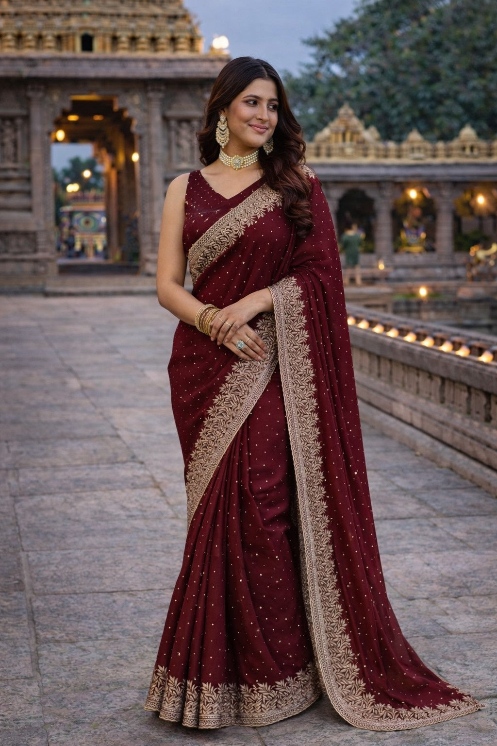 Maroon Embroidered Designer Saree with Intricate Zari Border