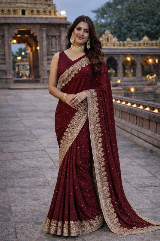 Maroon Embroidered Designer Saree with Intricate Zari Border