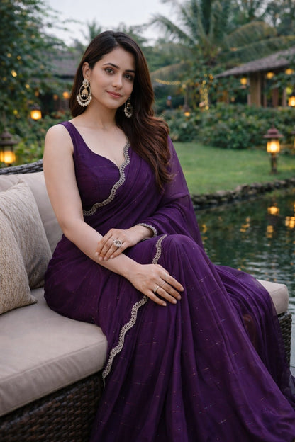 Royal Purple Designer Saree with Scalloped Lace Border