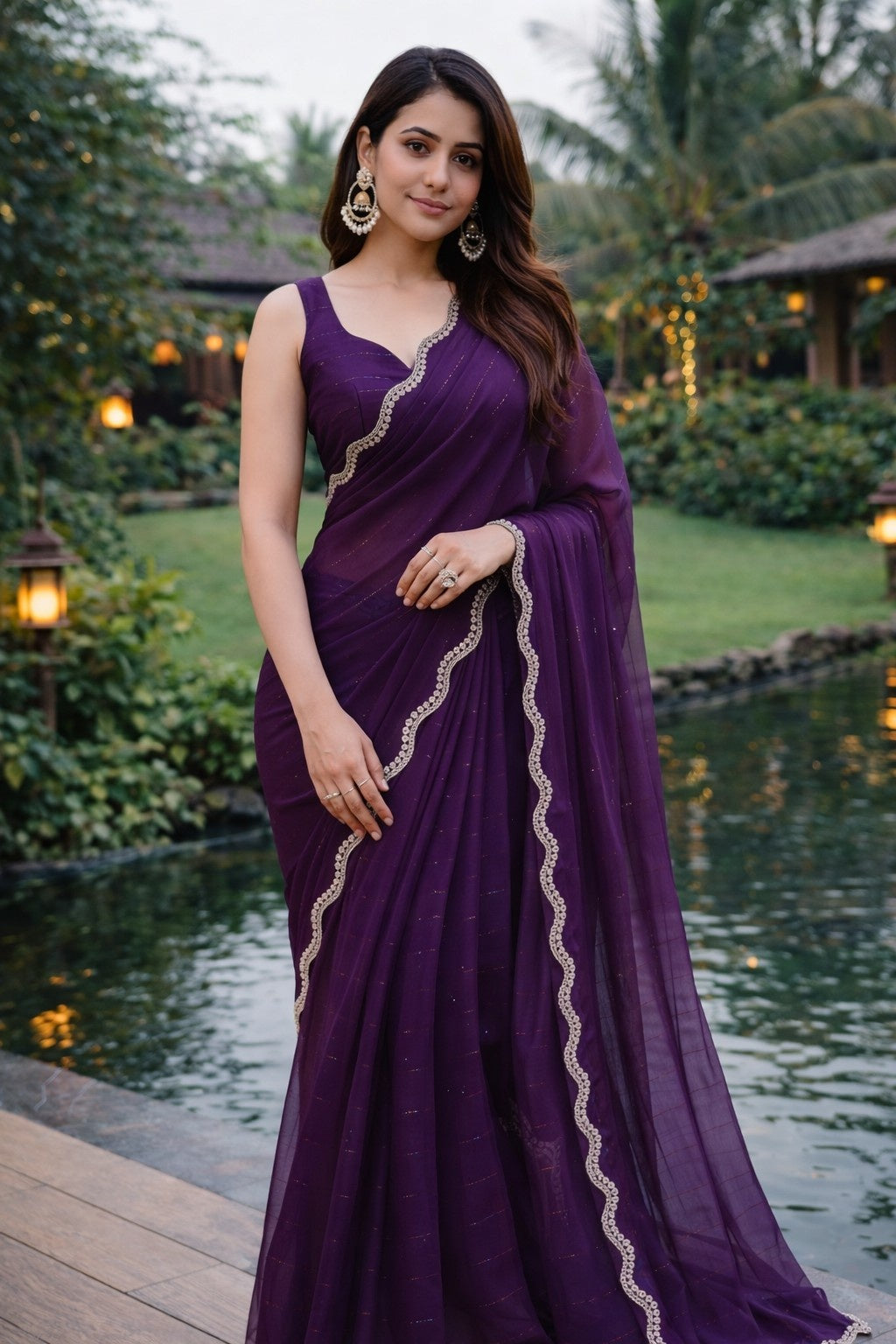 Royal Purple Designer Saree with Scalloped Lace Border