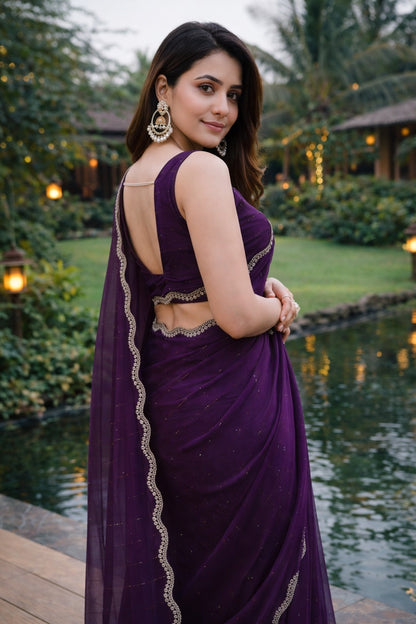 Royal Purple Designer Saree with Scalloped Lace Border