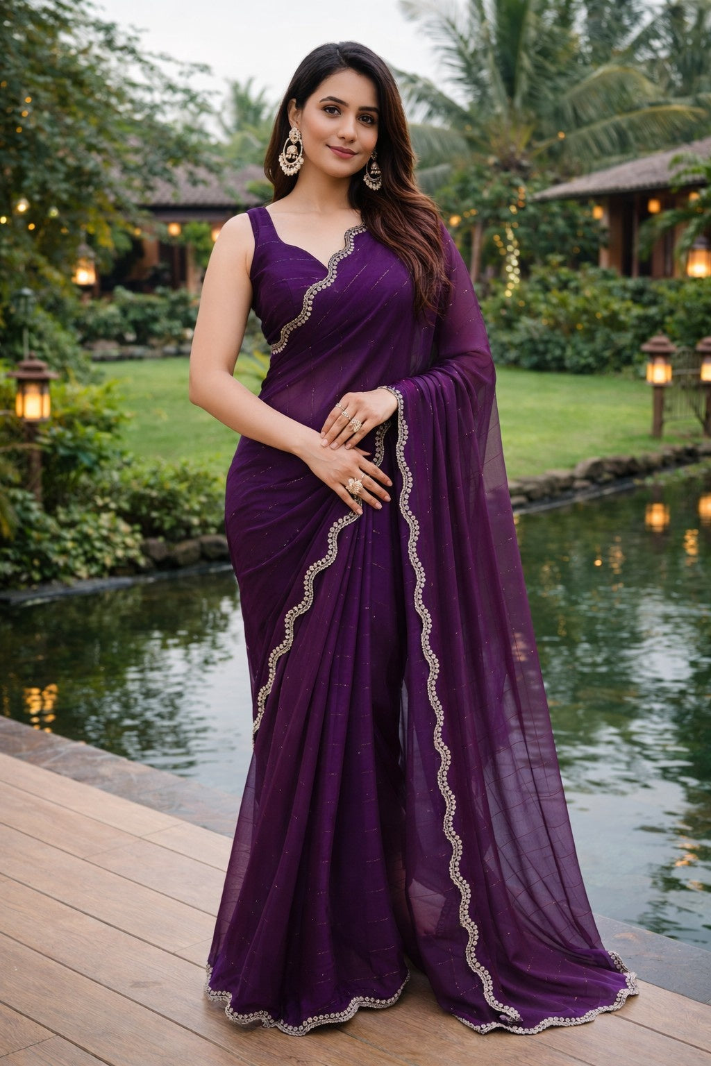 Royal Purple Designer Saree with Scalloped Lace Border
