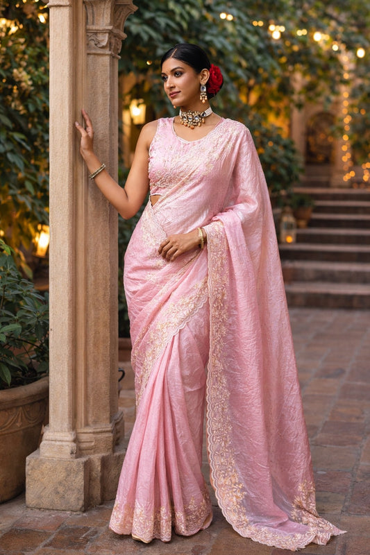 Blush Pink Embroidered Designer Saree with Elegant Lace Border
