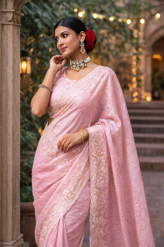 Blush Pink Embroidered Designer Saree with Elegant Lace Border