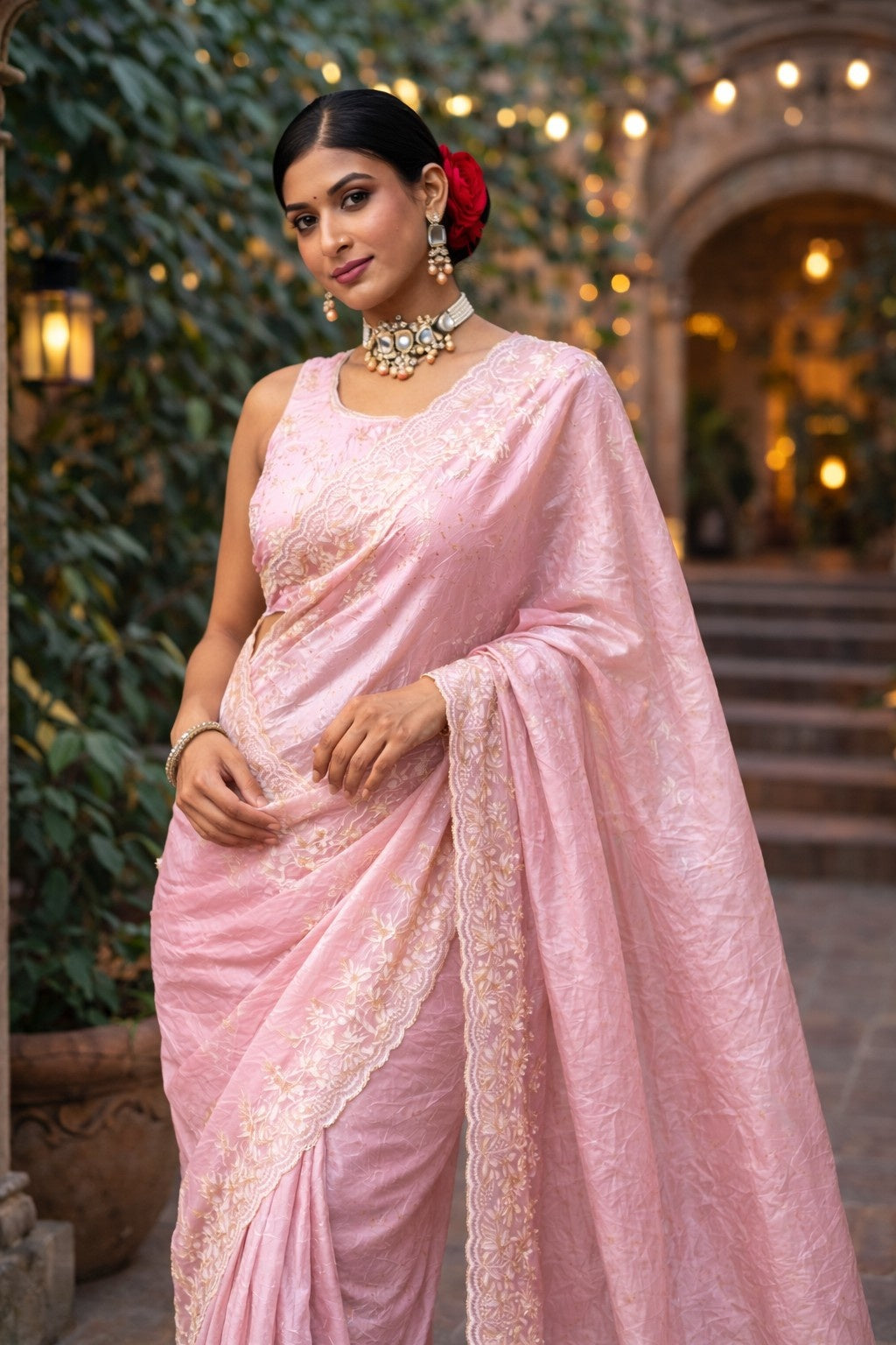 Blush Pink Embroidered Designer Saree with Elegant Lace Border
