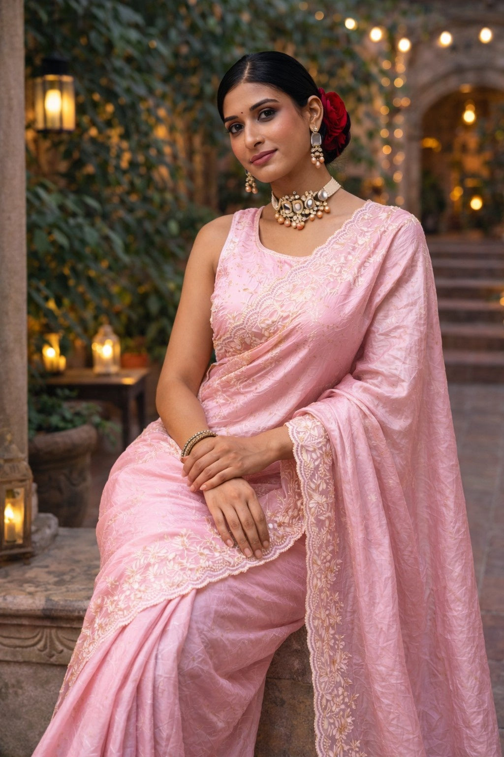 Blush Pink Embroidered Designer Saree with Elegant Lace Border