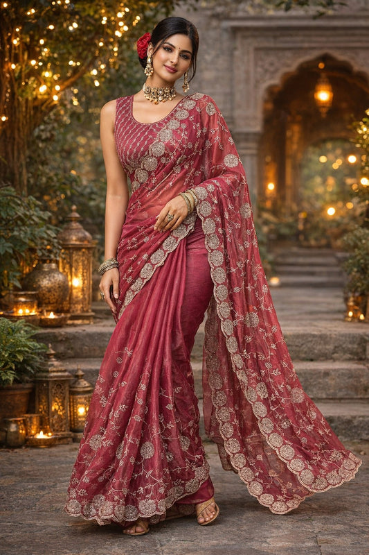 Rose Pink Embroidered Designer Saree with Scalloped Border & Matching Blouse