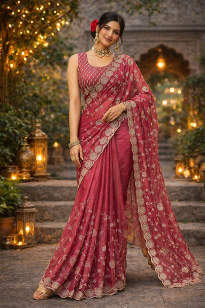 Rose Pink Embroidered Designer Saree with Scalloped Border & Matching Blouse