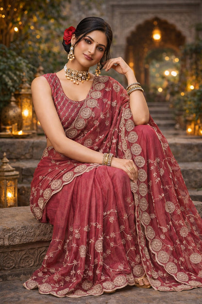 Rose Pink Embroidered Designer Saree with Scalloped Border & Matching Blouse