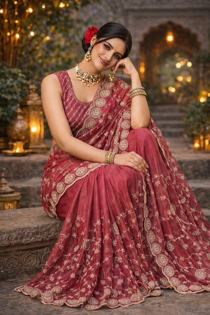 Rose Pink Embroidered Designer Saree with Scalloped Border & Matching Blouse