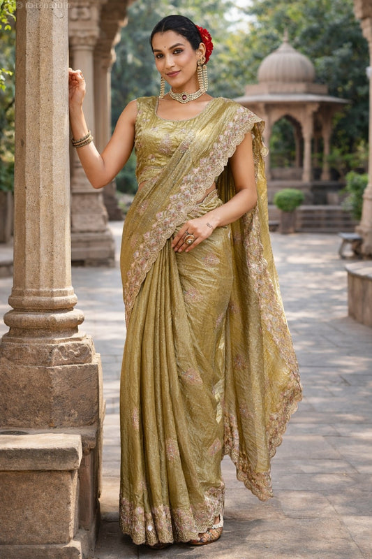 Olive Green Embroidered Designer Saree with Scalloped Border & Unstitched Blouse Piece
