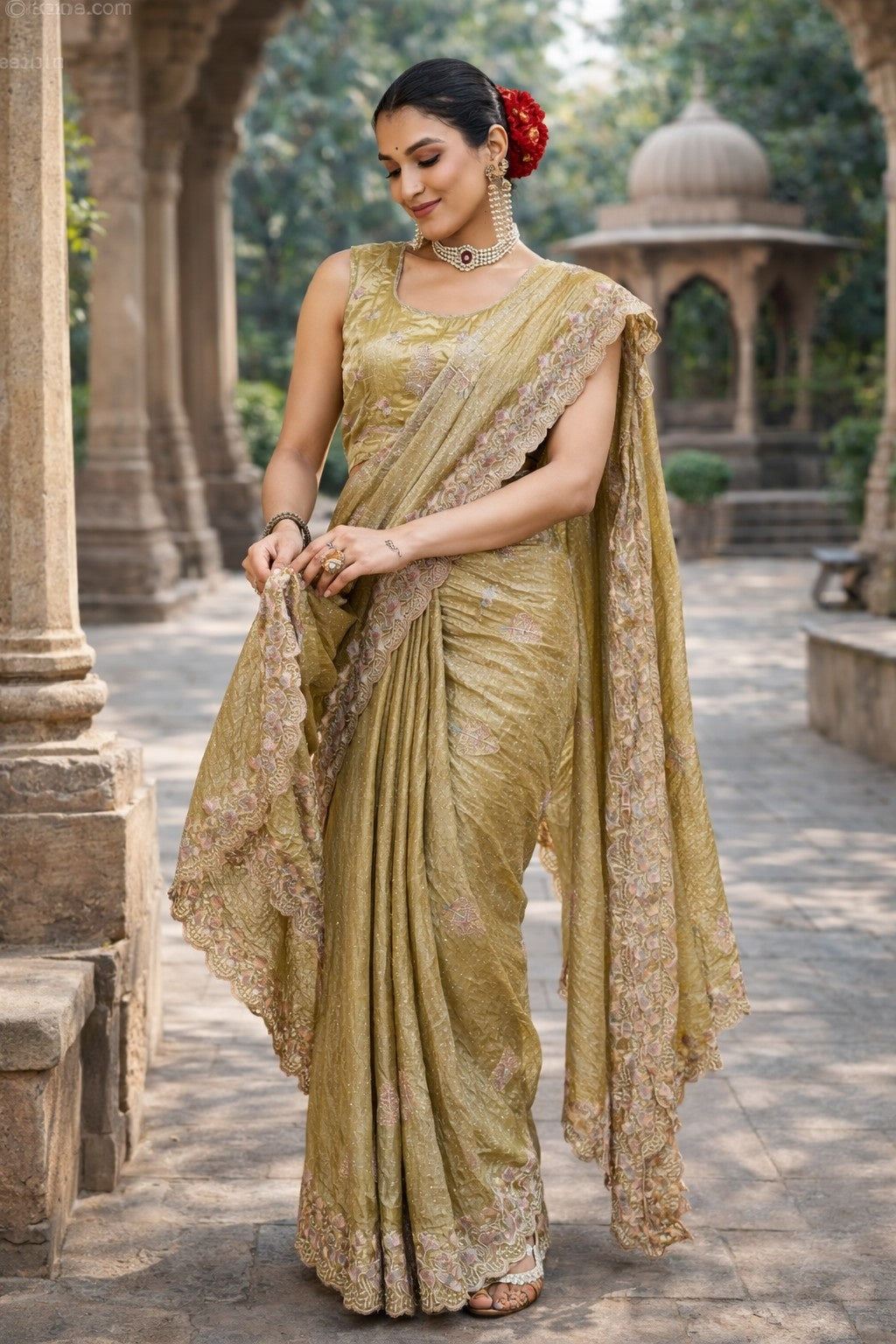 Olive Green Embroidered Designer Saree with Scalloped Border & Unstitched Blouse Piece
