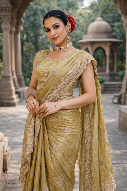 Olive Green Embroidered Designer Saree with Scalloped Border & Unstitched Blouse Piece