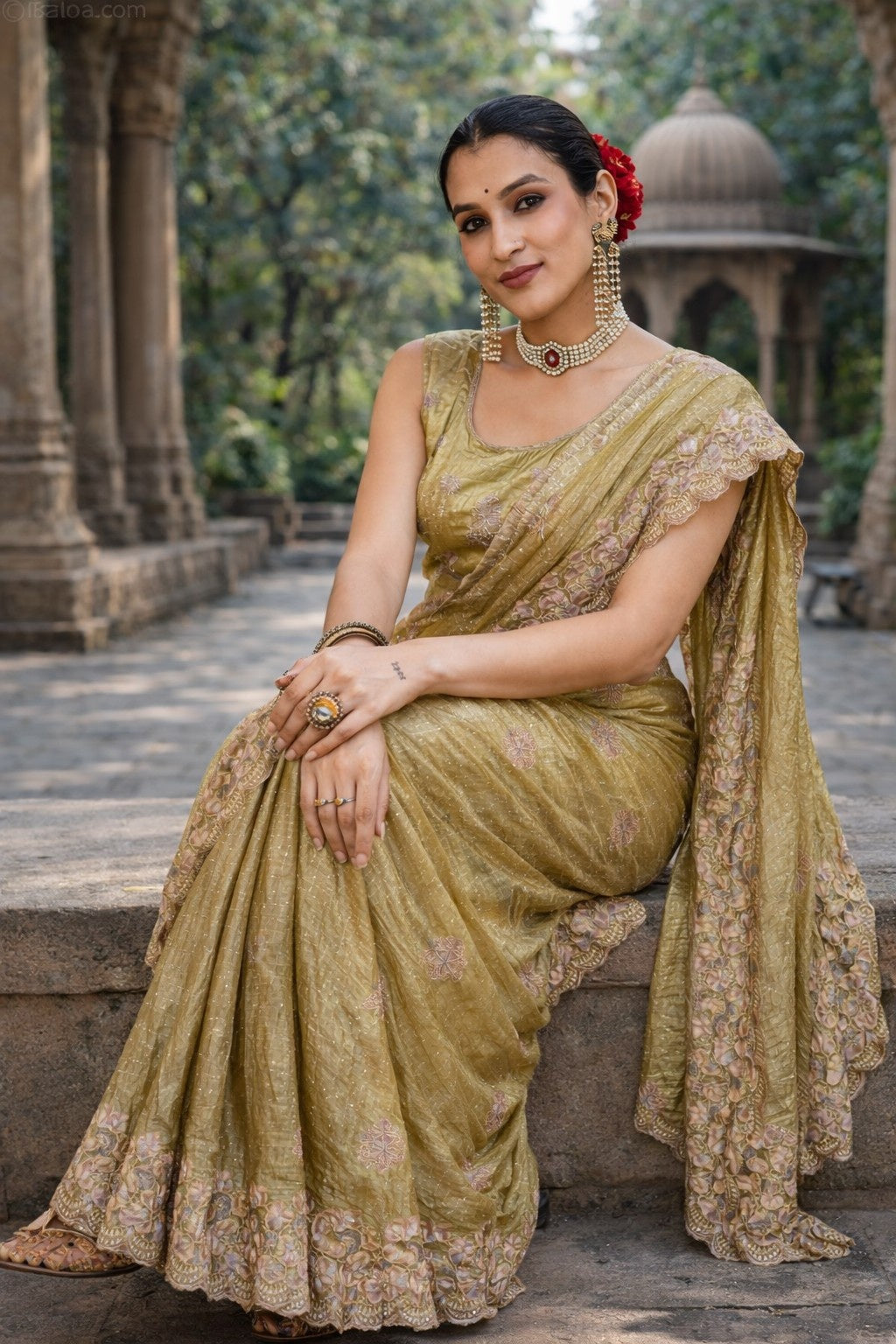 Olive Green Embroidered Designer Saree with Scalloped Border & Unstitched Blouse Piece