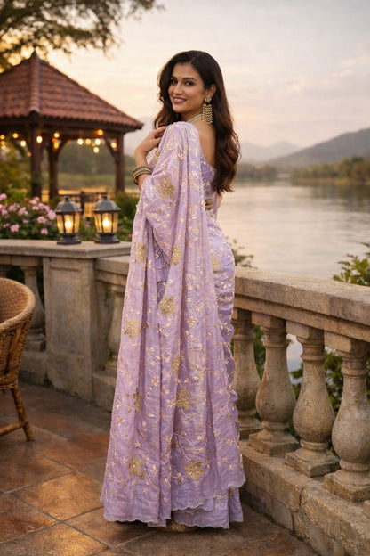 Lavender Floral Embroidered Designer Saree with Elegant Sequin Work