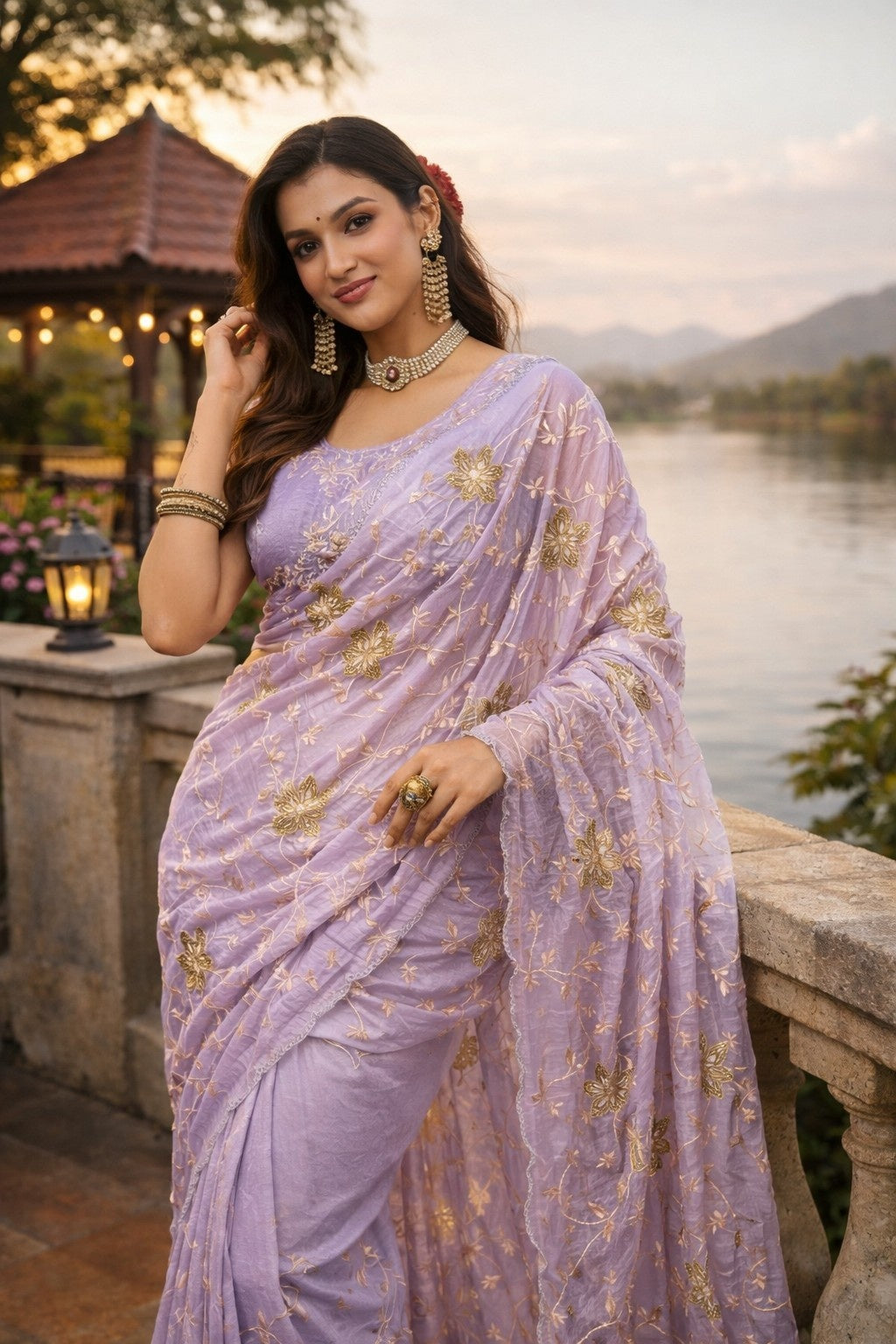 Lavender Floral Embroidered Designer Saree with Elegant Sequin Work