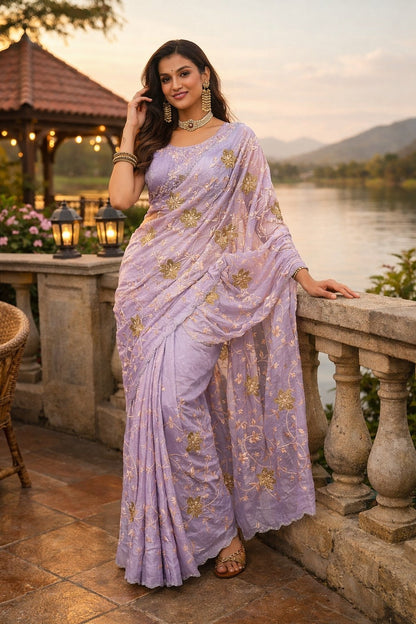Lavender Floral Embroidered Designer Saree with Elegant Sequin Work