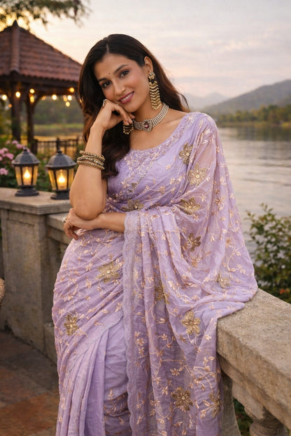 Lavender Floral Embroidered Designer Saree with Elegant Sequin Work