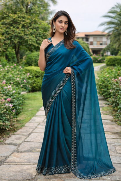 Royal Teal Blue Designer Saree with Elegant Woven Border