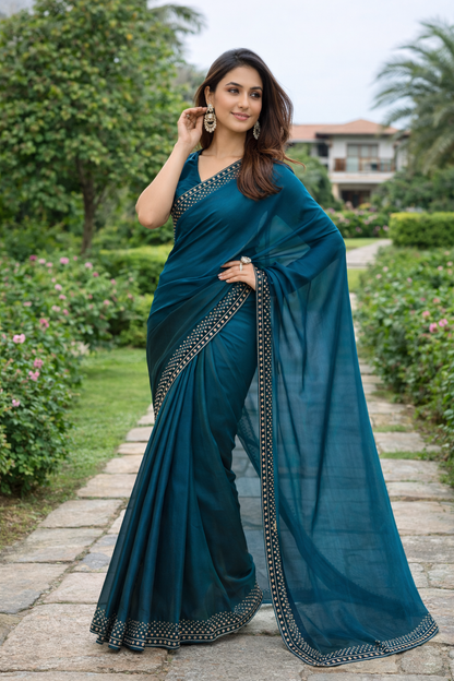 Royal Teal Blue Designer Saree with Elegant Woven Border