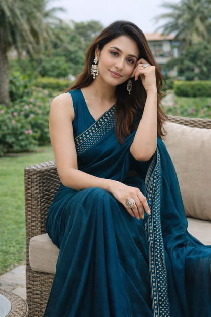 Royal Teal Blue Designer Saree with Elegant Woven Border