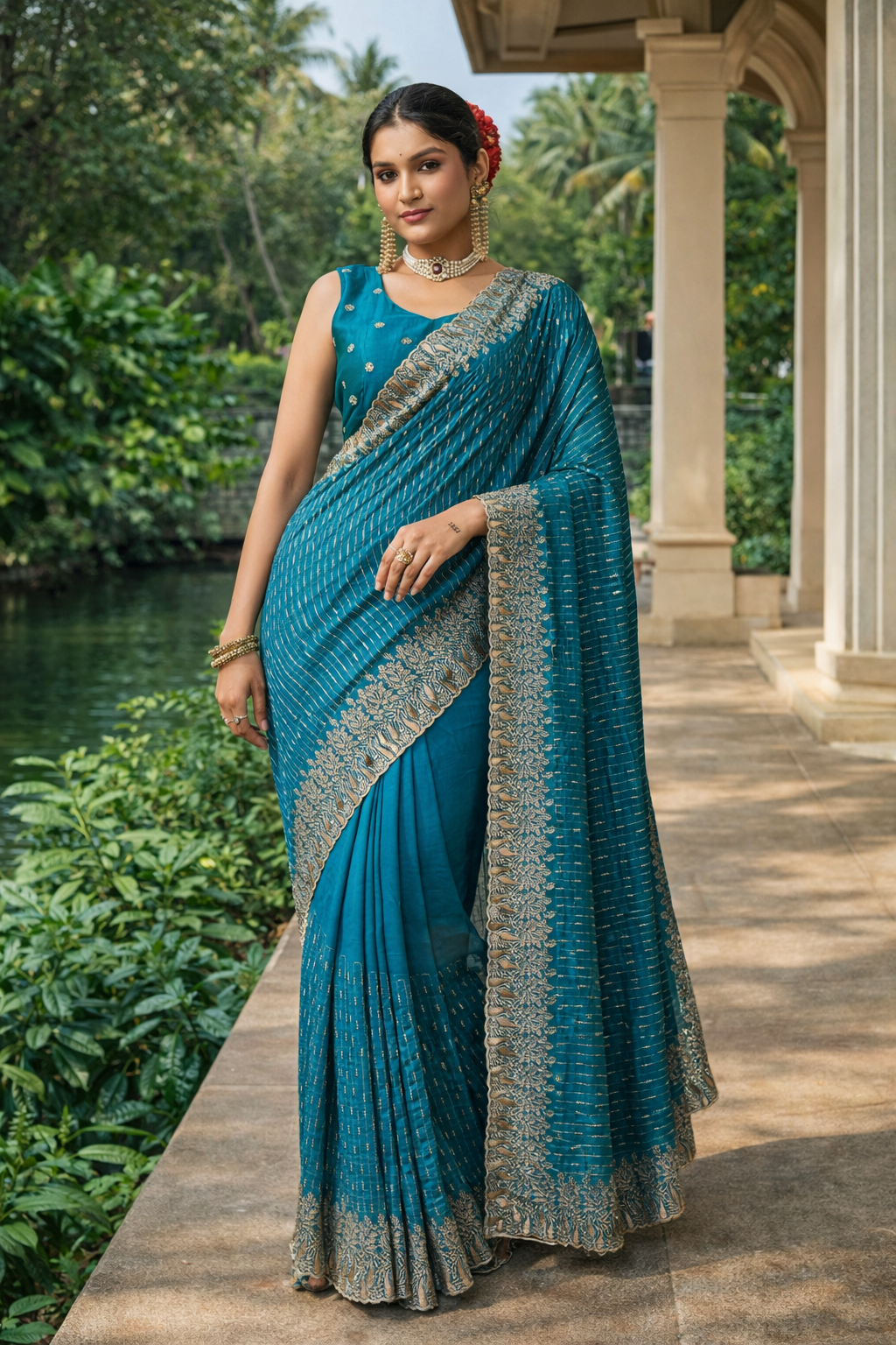 Teal Blue Designer Saree with Zari Woven Border & Matching Blouse Piece